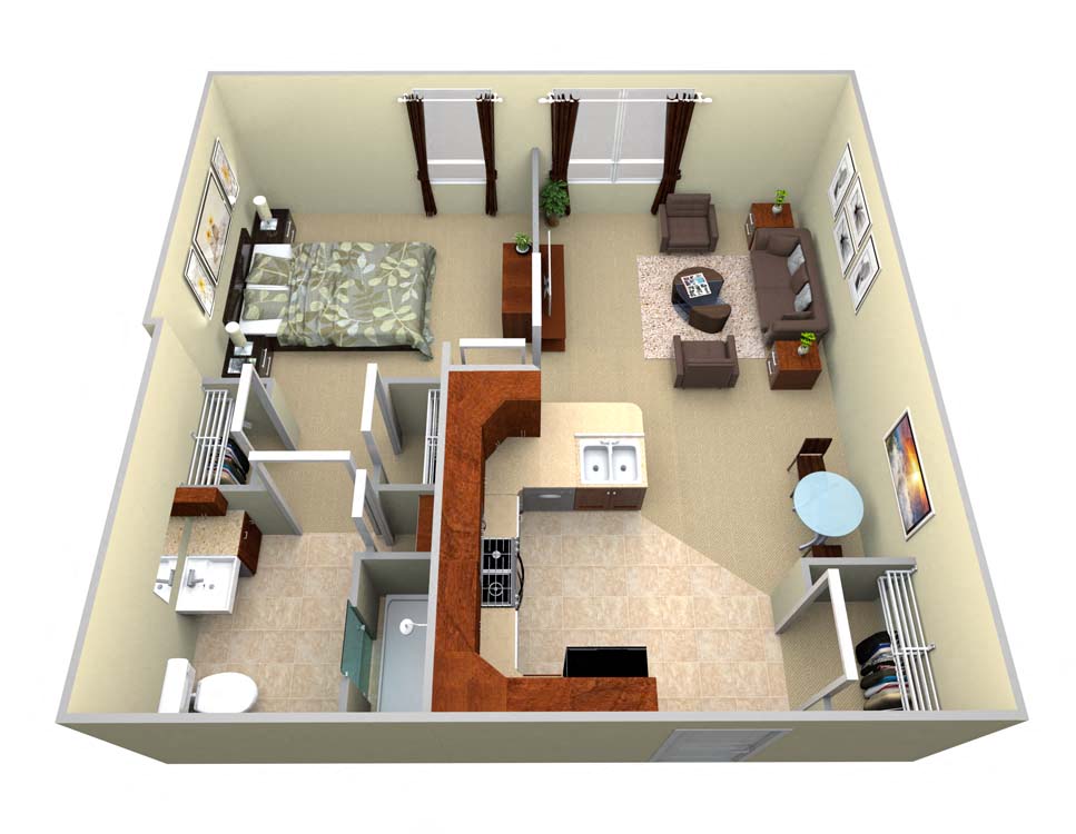 Floor plan for 1 bed, 1 bath, 524 sqft